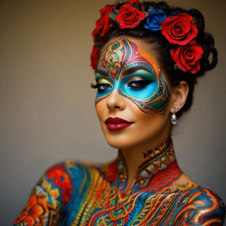 Bodypainting,Bodypainting, People, woman, 1girl, jewelry, solo, earrings, flower, makeup, hair ornament