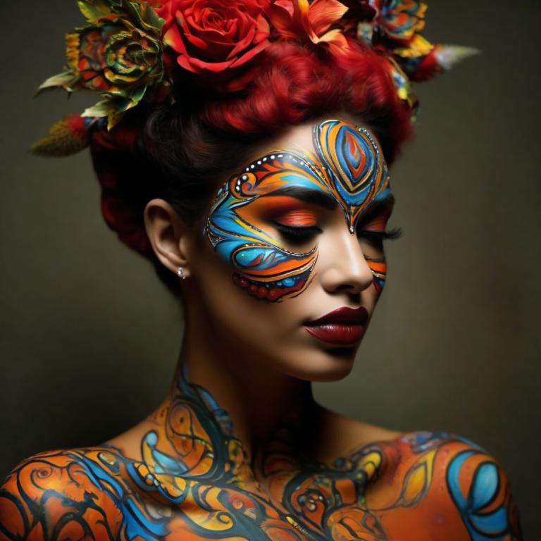 Bodypainting,Bodypainting, People, woman, 1girl, solo, flower, hair ornament, jewelry, facepaint, earrings