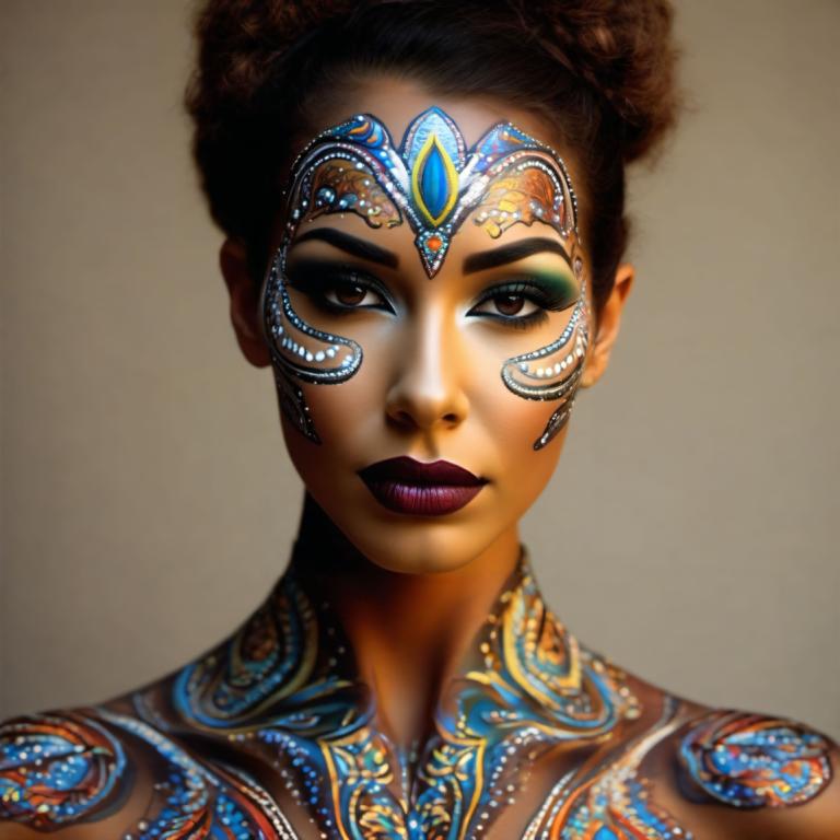 Bodypainting,Bodypainting, Mennesker, kvinde, 1 pige, solo, brune øjne, makeup, mørk hud, portræt