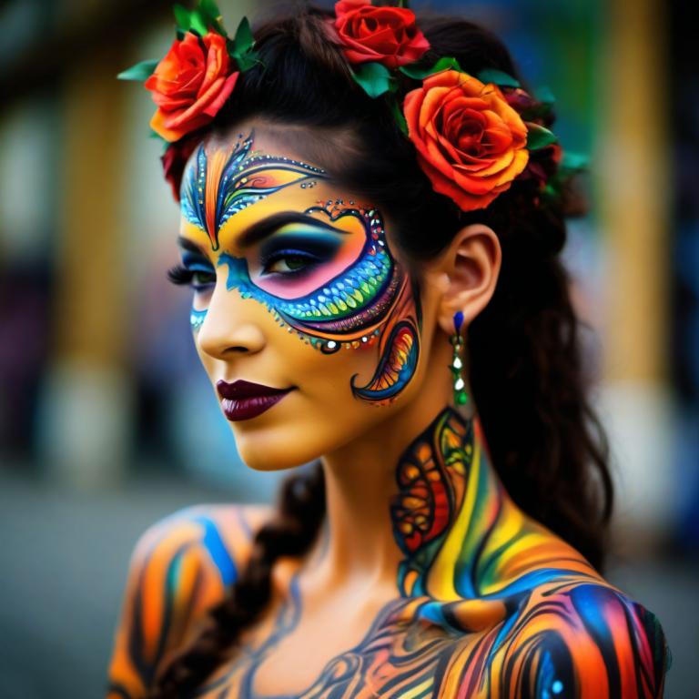 Bodypainting,Bodypainting, People, woman, 1girl, solo, jewelry, earrings, makeup, flower, hair ornament