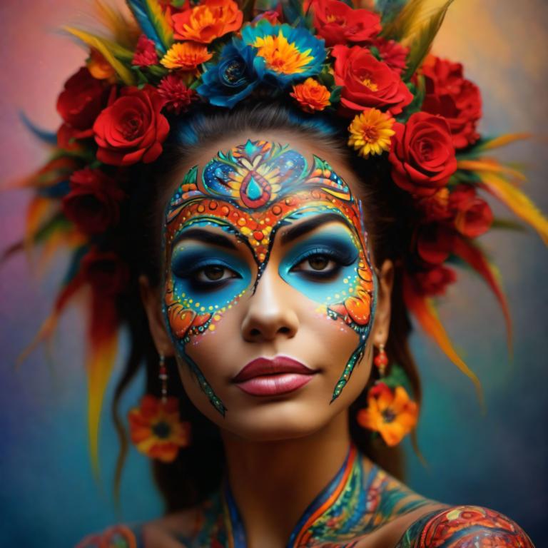 Bodypainting,Bodypainting, People, woman, 1girl, solo, flower, jewelry, hair ornament, earrings, makeup