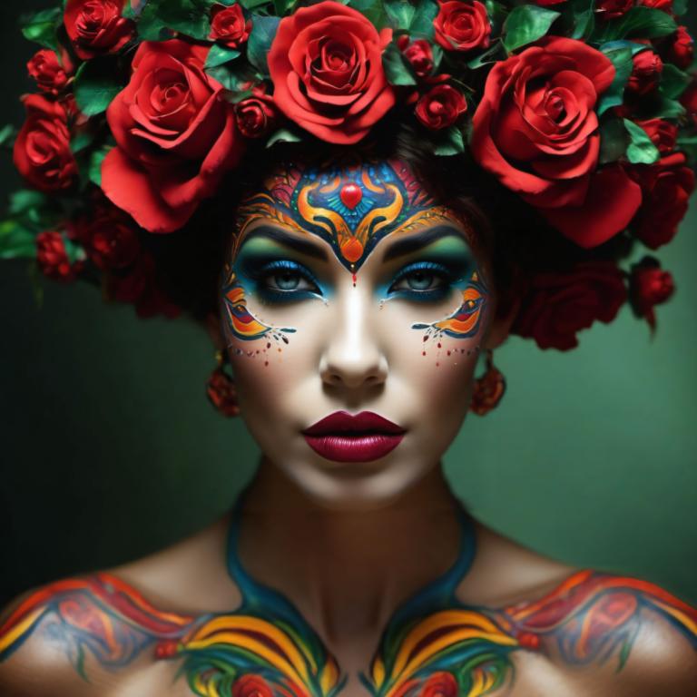 Bodypainting,Bodypainting, People, woman, 1girl, solo, flower, makeup, rose, earrings, jewelry, red flower