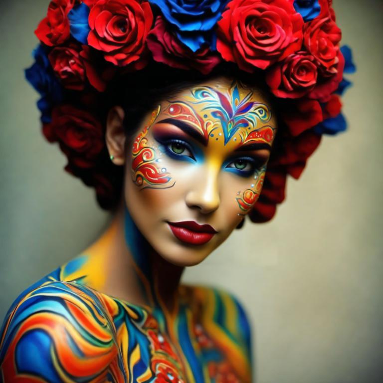 Bodypainting,Bodypainting, Lidé, žena, 1 dívka, sólo, květ, makeup, obličejová barva, náušnice, šperky