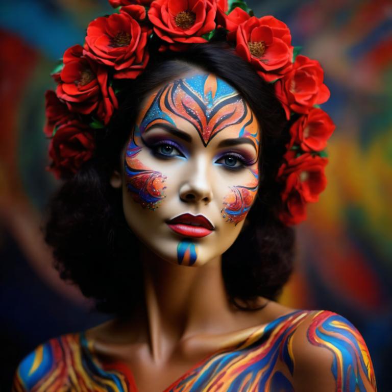 Bodypainting,Bodypainting, People, woman, 1girl, solo, flower, black hair, facepaint, hair ornament