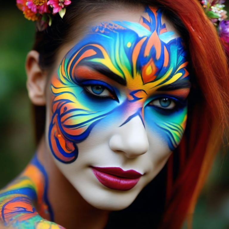 Bodypainting,Bodypainting, People, woman, 1girl, solo, facepaint, flower, hair flower, hair ornament, makeup