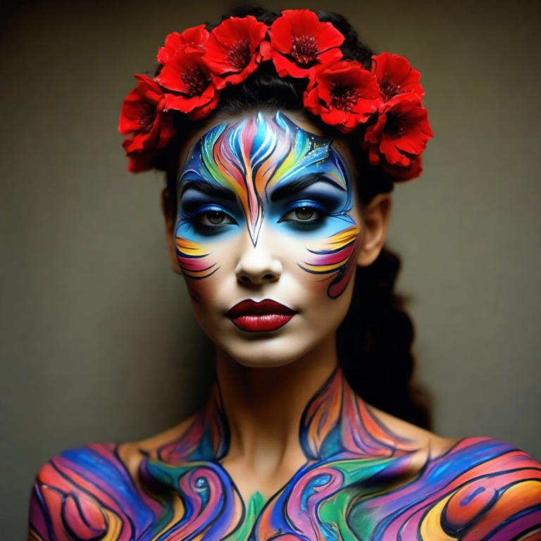 Bodypainting,Bodypainting, People, woman, 1girl, solo, flower, hair ornament, makeup, hair flower, facepaint