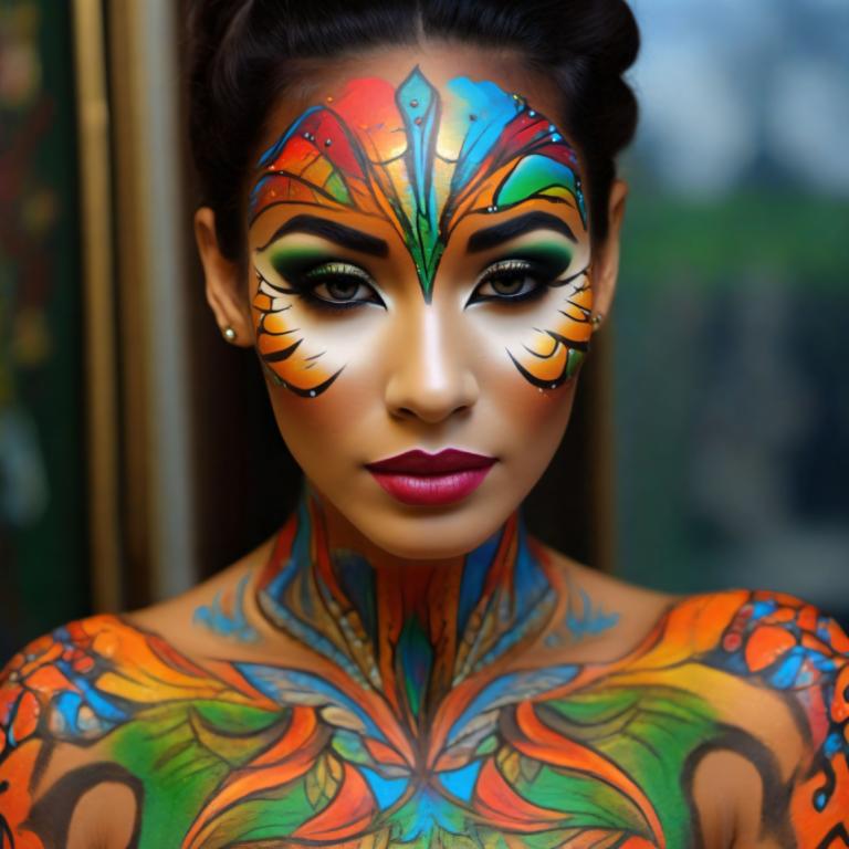 Bodypainting,Bodypainting, People, woman, 1girl, solo, earrings, blurry background, makeup, jewelry