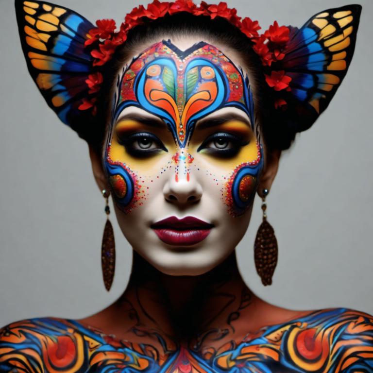 Bodypainting,Bodypainting, People, woman, 1girl, solo, jewelry, earrings, hair ornament, makeup, portrait