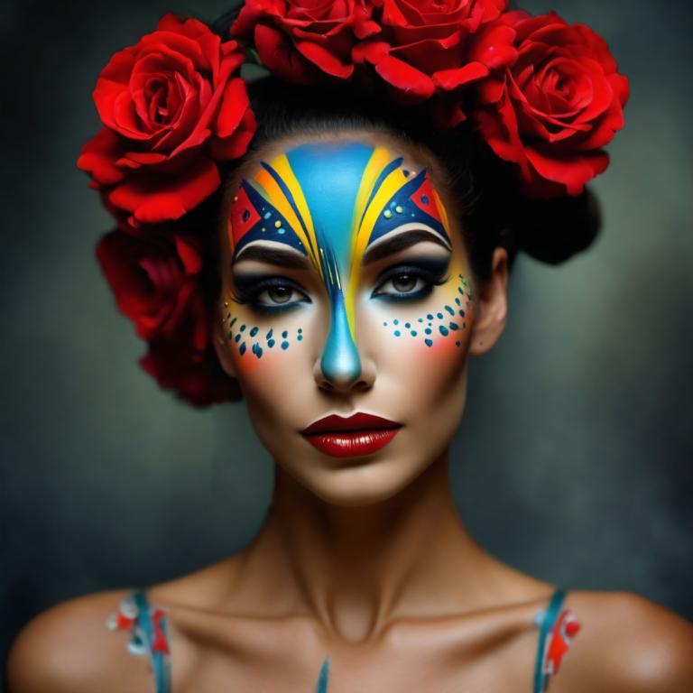 Bodypainting,Bodypainting, People, woman, 1girl, solo, flower, facepaint, makeup, red lips, rose, lipstick