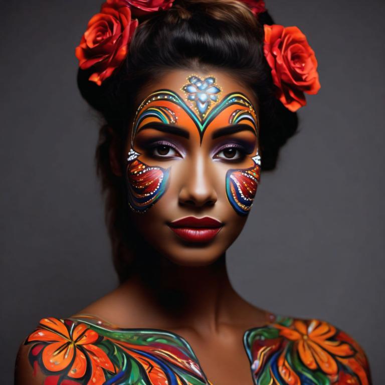 Bodypainting,Bodypainting, People, woman, 1girl, solo, hair ornament, flower, hair flower, dark skin, makeup