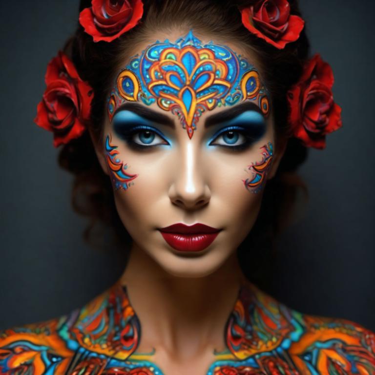 Bodypainting,Bodypainting, People, woman, 1girl, solo, makeup, flower, hair ornament, hair flower, blue eyes