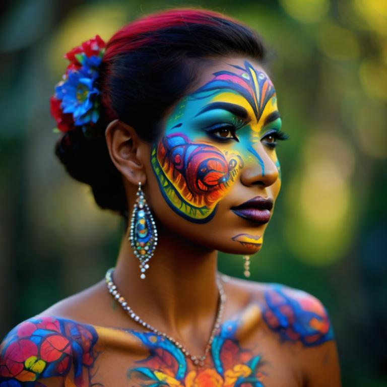 Bodypainting,Bodypainting, People, woman, 1girl, jewelry, solo, earrings, necklace, hair ornament, flower