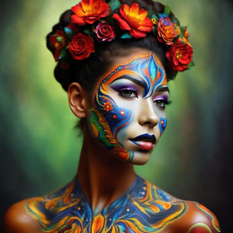 Bodypainting,Bodypainting, People, woman, 1girl, solo, makeup, flower, facepaint, lipstick, black hair