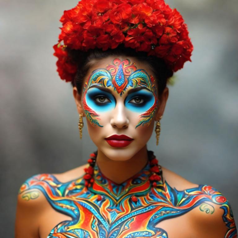 Bodypainting,Bodypainting, People, woman, 1girl, solo, jewelry, earrings, hair ornament, makeup, flower