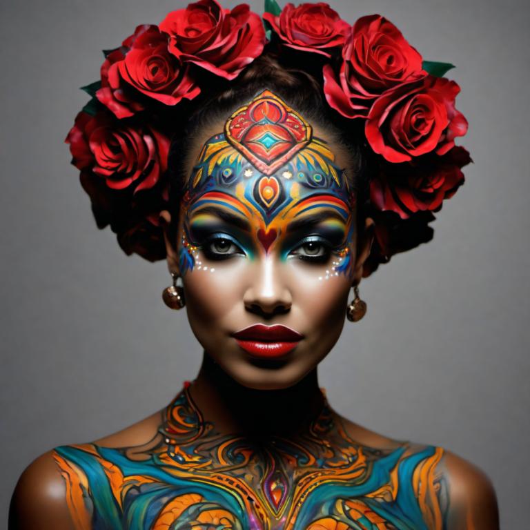 Bodypainting,Bodypainting, People, woman, 1girl, solo, jewelry, earrings, flower, makeup, hair ornament