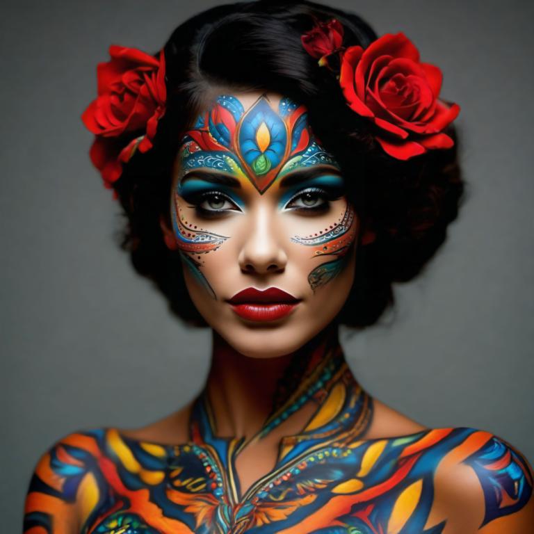 Bodypainting,Bodypainting, People, woman, 1girl, solo, hair ornament, flower, hair flower, makeup, black hair