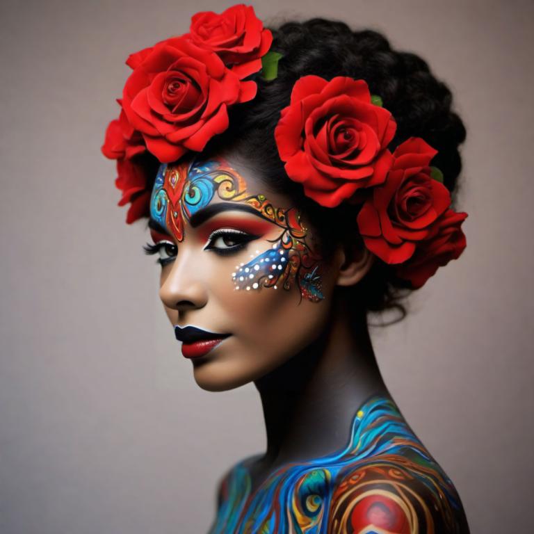 Bodypainting,Bodypainting, People, woman, 1girl, solo, flower, hair ornament, makeup, lipstick, hair flower