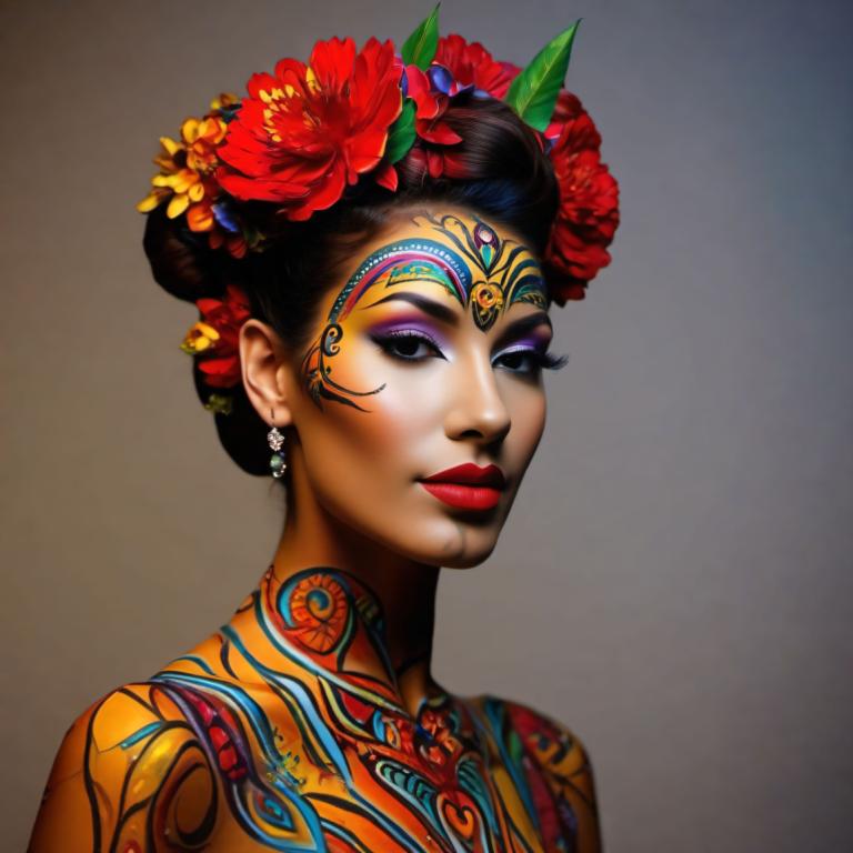 Bodypainting,Bodypainting, People, woman, 1girl, jewelry, solo, earrings, hair ornament, flower, hair flower