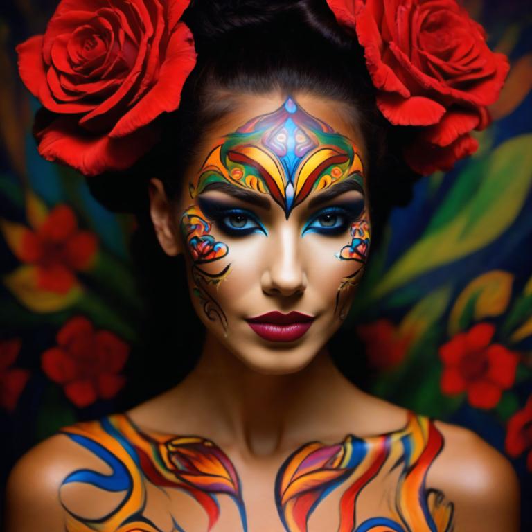 Bodypainting,Bodypainting, People, woman, 1girl, solo, flower, makeup, rose, lipstick, black hair, blue eyes