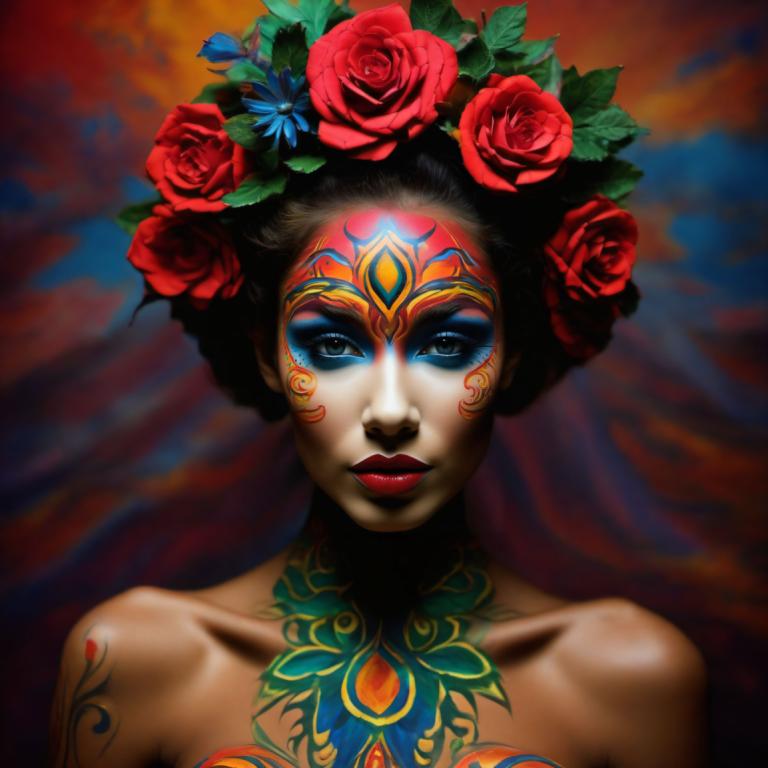 Bodypainting,Bodypainting, People, woman, 1girl, solo, flower, makeup, rose, lipstick, bare shoulders