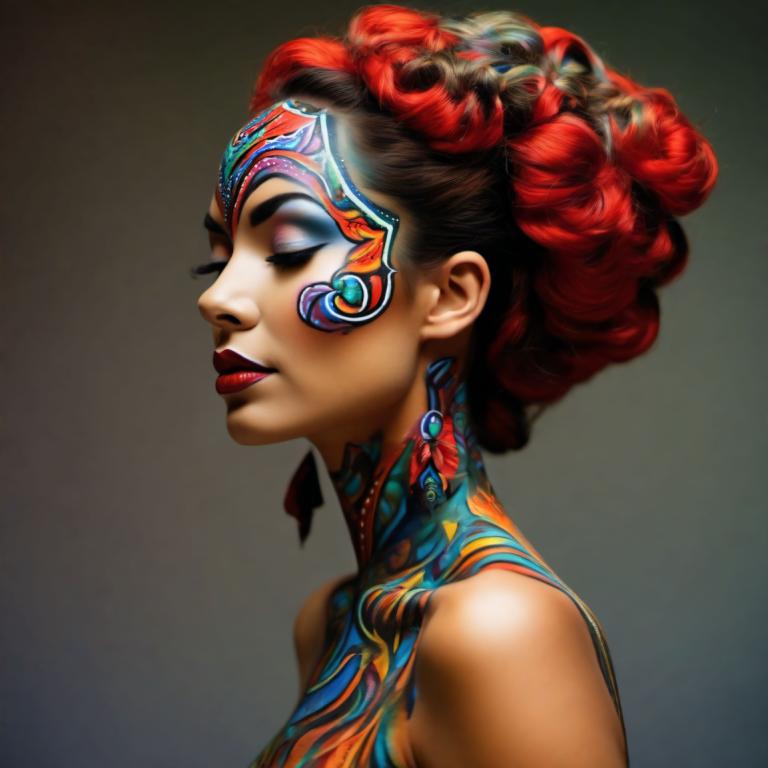 Bodypainting,Bodypainting, People, woman, 1girl, solo, red hair, facepaint, makeup, closed eyes