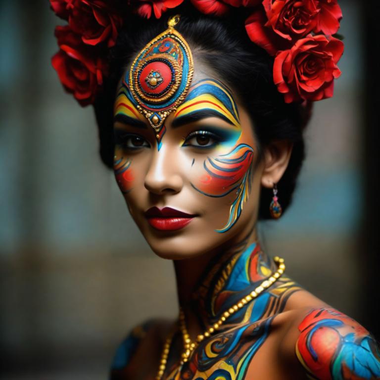 Bodypainting,Bodypainting, People, woman, 1girl, jewelry, solo, earrings, necklace, flower, hair ornament