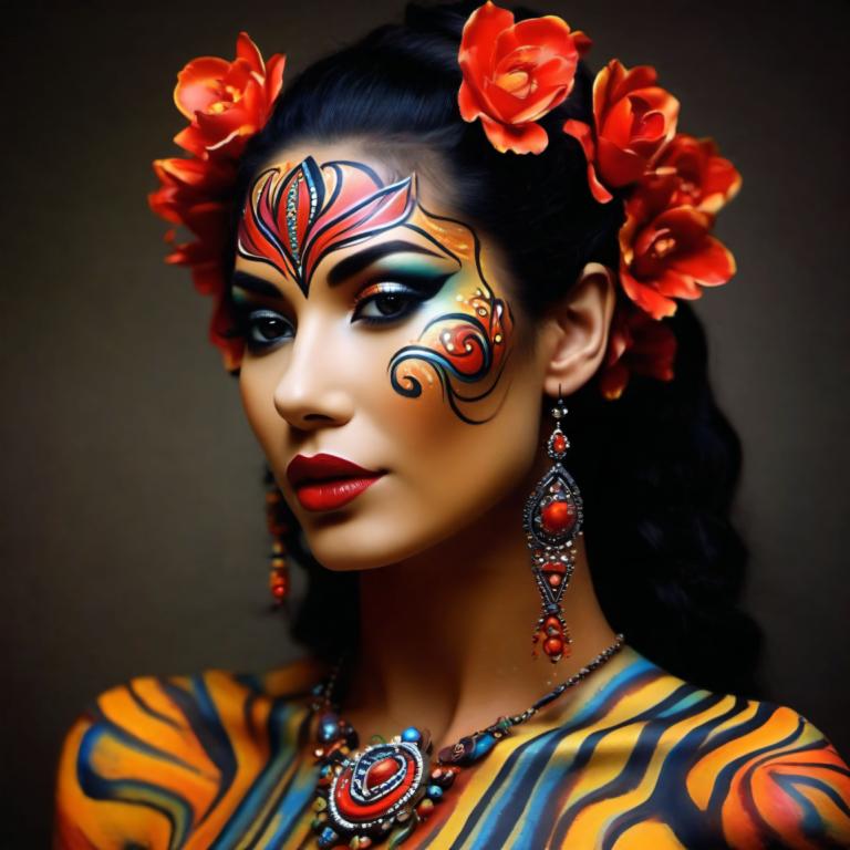 Bodypainting,Bodypainting, People, woman, 1girl, jewelry, solo, hair ornament, earrings, flower, necklace