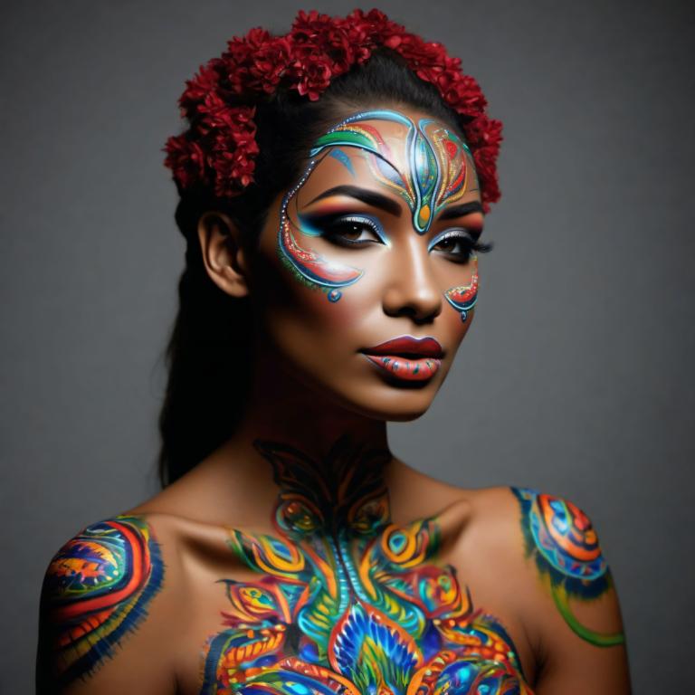 Bodypainting,Bodypainting, People, woman, 1girl, solo, makeup, hair ornament, black hair, brown eyes, flower