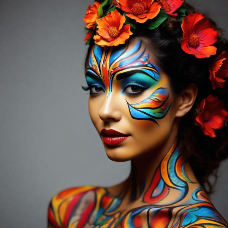 Bodypainting,Bodypainting, People, woman, 1girl, solo, flower, hair ornament, hair flower, makeup, lipstick