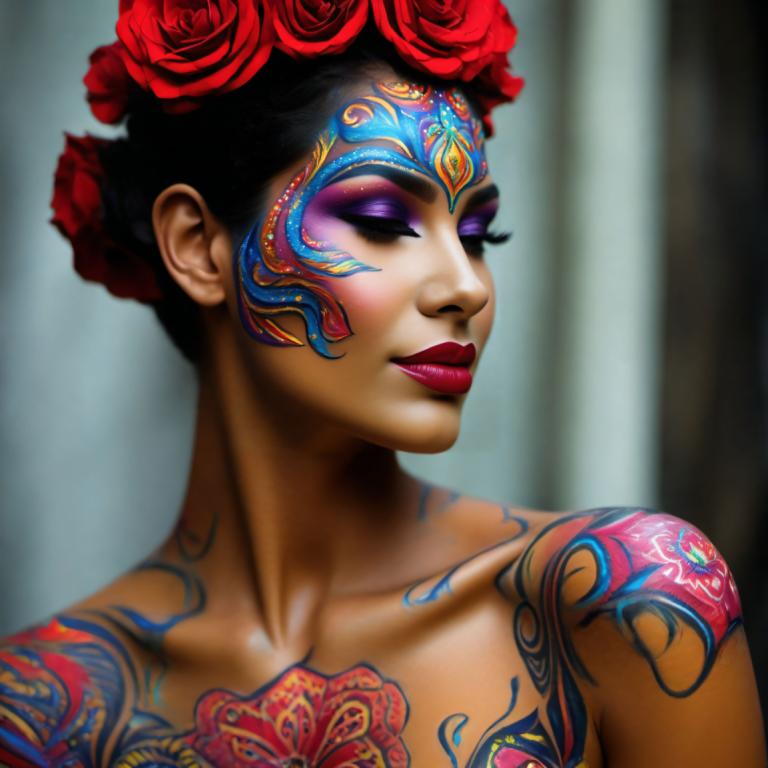 Bodypainting,Bodypainting, People, woman, 1girl, solo, makeup, flower, tattoo, hair ornament, hair flower