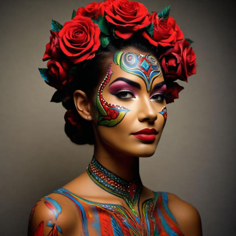 Bodypainting,Bodypainting, People, woman, 1girl, solo, flower, jewelry, earrings, makeup, rose, hair ornament