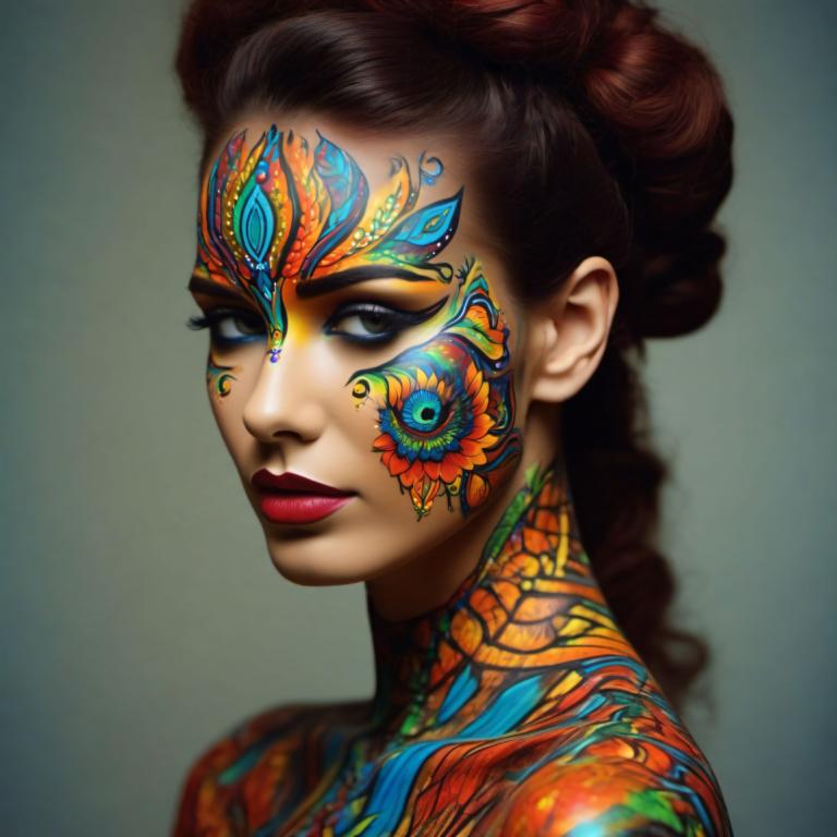 Bodypainting,Bodypainting, People, woman, 1girl, solo, brown hair, makeup, facepaint, looking at viewer