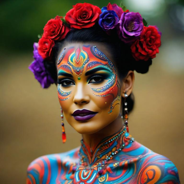 Bodypainting,Bodypainting, People, woman, 1girl, jewelry, flower, solo, hair ornament, earrings, makeup