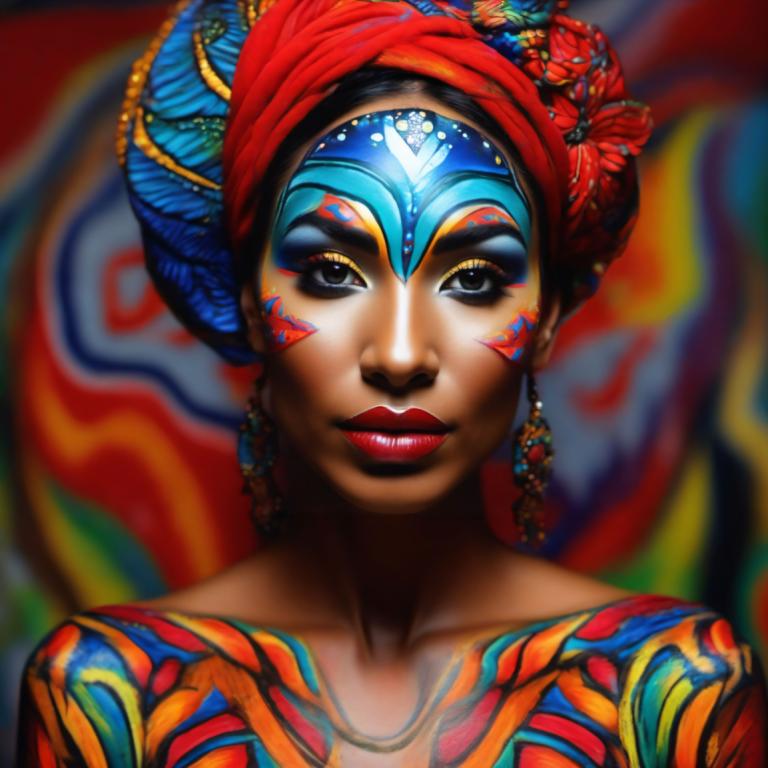 Bodypainting,Bodypainting, People, woman, 1girl, solo, jewelry, makeup, colorful, facepaint, earrings