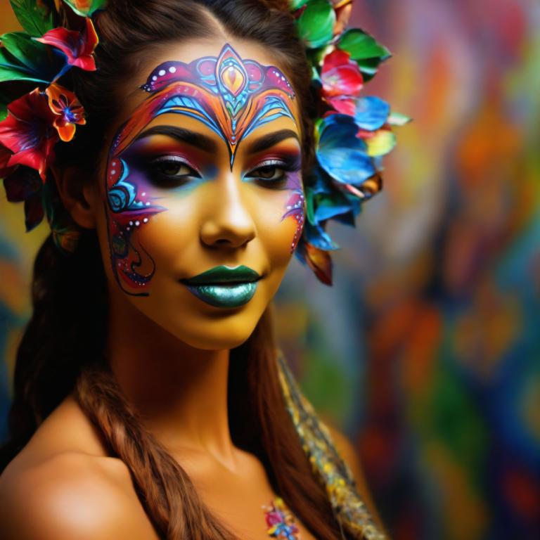 Bodypainting,Bodypainting, People, woman, 1girl, solo, hair ornament, makeup, facepaint, lipstick, flower