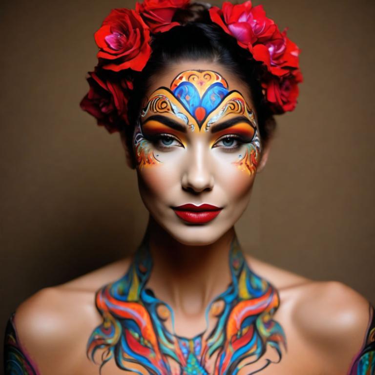 Bodypainting,Bodypainting, People, woman, 1girl, solo, hair ornament, flower, makeup, hair flower, black hair