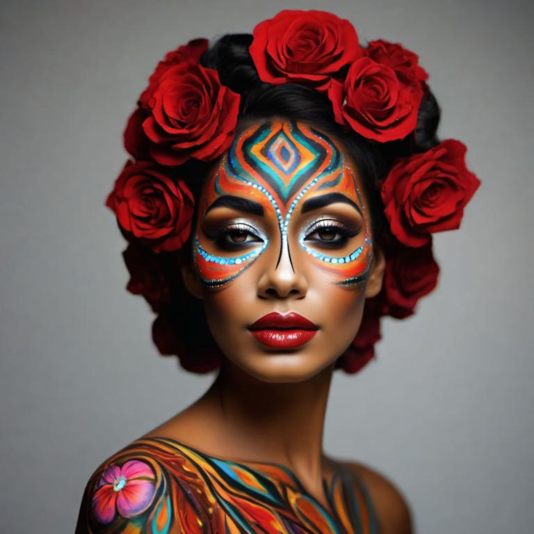 Bodypainting,Bodypainting, People, woman, 1girl, solo, flower, hair ornament, hair flower, black hair, makeup