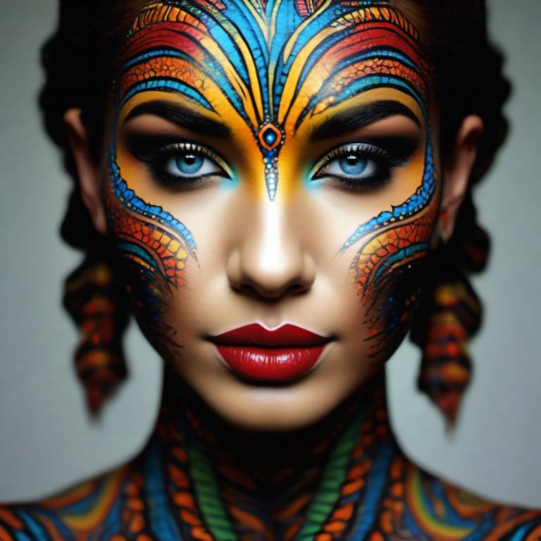 Bodypainting,Bodypainting, People, woman, 1girl, solo, blue eyes, portrait, looking at viewer, makeup