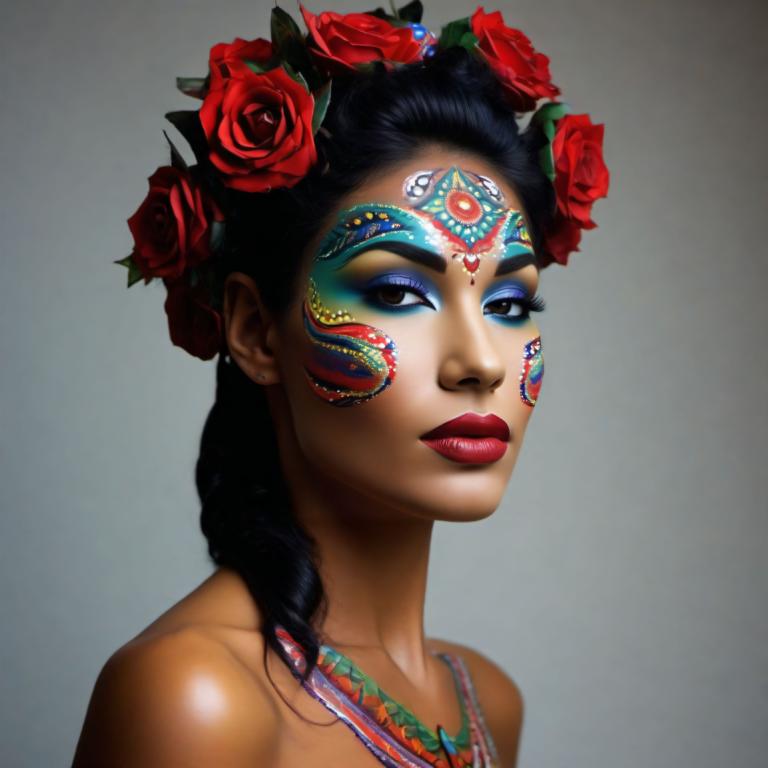 Bodypainting,Bodypainting, People, woman, 1girl, solo, flower, hair ornament, jewelry, makeup, hair flower