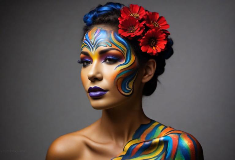 Bodypainting,Bodypainting, Mennesker, kvinde, 1 pige, solo, blomst, hårpynt, makeup, hår blomst, læbestift