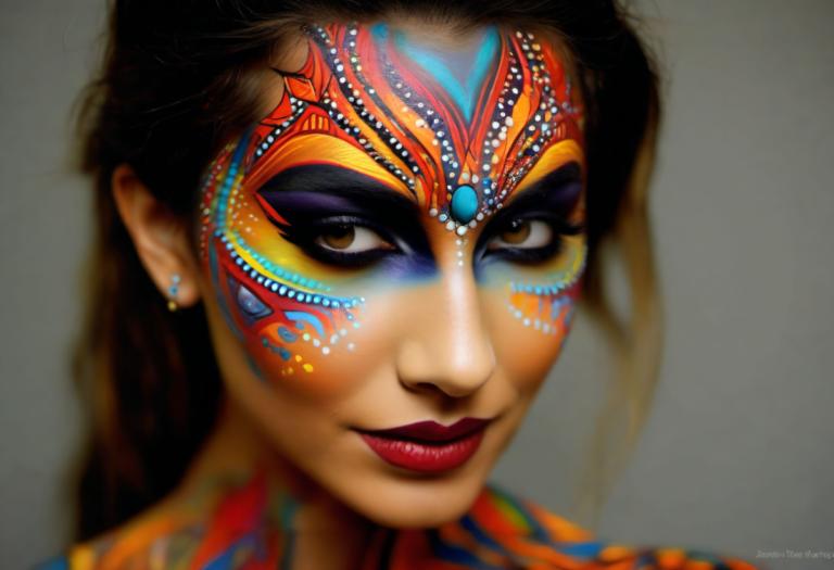 Bodypainting,Bodypainting, People, woman, 1girl, solo, jewelry, earrings, brown eyes, makeup, facepaint