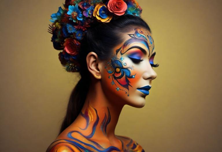 Bodypainting,Bodypainting, Mennesker, kvinde, 1 pige, solo, makeup, hårpynt, blomst, læbestift, hår blomst