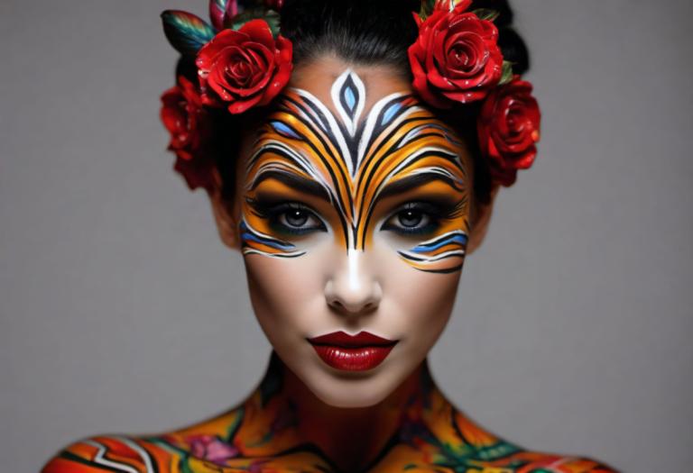 Bodypainting,Bodypainting, Mennesker, kvinde, 1 pige, solo, blomst, røde læber, læbestift, hår blomst, makeup