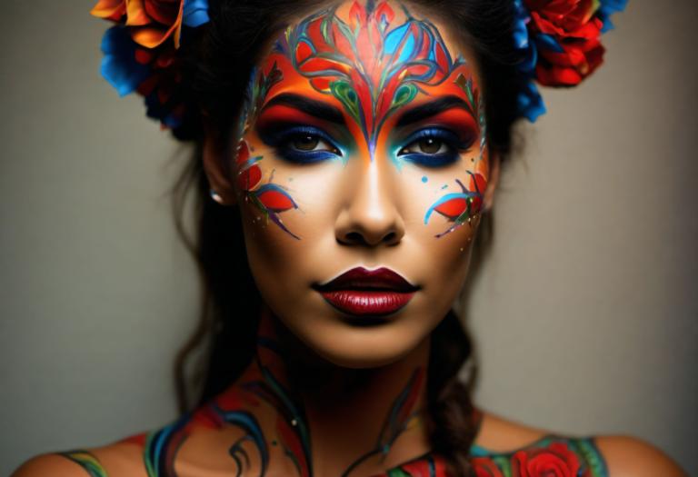 Bodypainting,Bodypainting, People, woman, 1girl, solo, makeup, lipstick, hair ornament, flower, hair flower