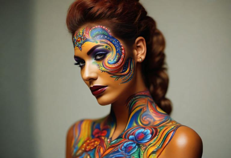 Bodypainting,Bodypainting, People, woman, 1girl, solo, jewelry, earrings, brown hair, braid, makeup