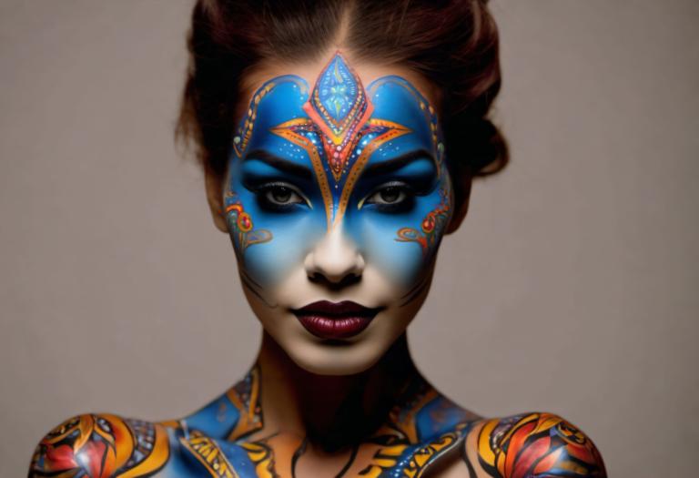 Bodypainting,Bodypainting, People, woman, solo, 1girl, brown hair, facepaint, looking at viewer, makeup