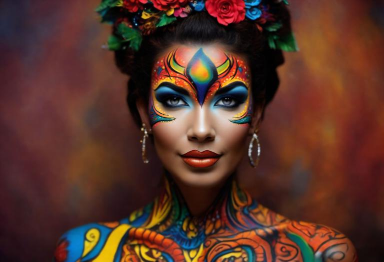 Bodypainting,Bodypainting, People, woman, 1girl, solo, jewelry, earrings, makeup, flower, facepaint