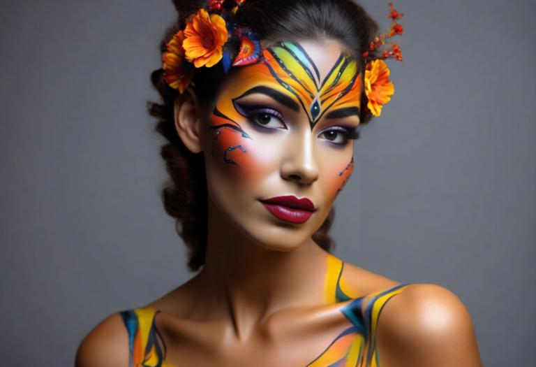 Bodypainting,Bodypainting, People, woman, 1girl, solo, hair ornament, flower, hair flower, makeup, lipstick