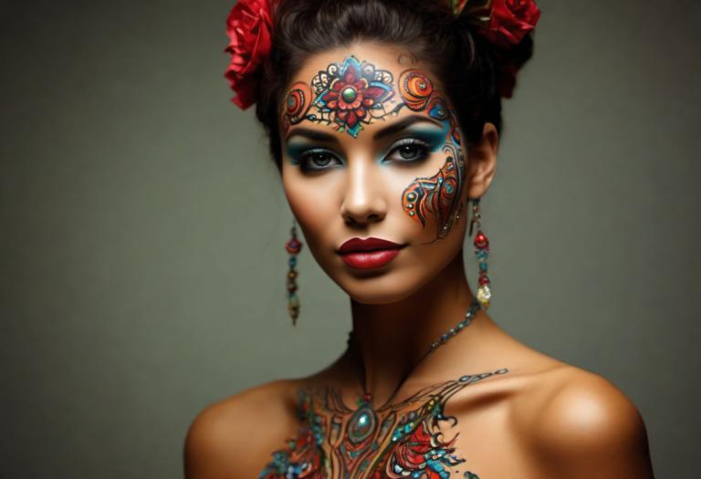 Bodypainting,Bodypainting, People, woman, 1girl, jewelry, solo, hair ornament, makeup, earrings, flower