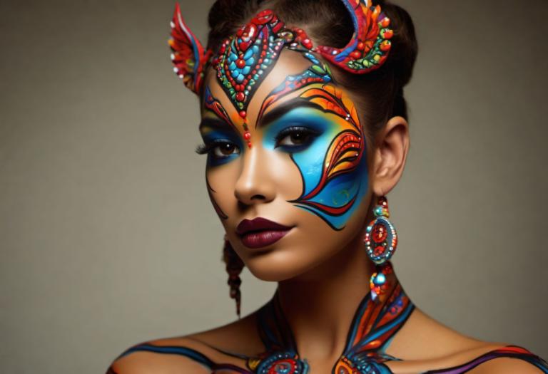 Bodypainting,Bodypainting, People, woman, 1girl, solo, jewelry, earrings, makeup, brown hair, facepaint